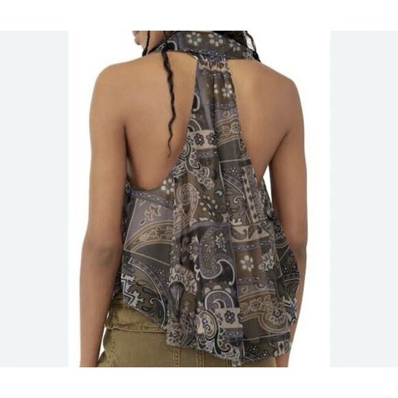 Free People Strawberry Print Halter Tank Top Sz Small Paisley Chiffon Colorful - Picture 2 of 10